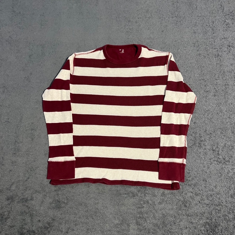 Vintage Y2K Gap Mens Waffle Knit Thermal Burgundy Striped Long Sleeve Size M